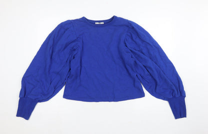 Zara Women Blue S Cotton Pullover Sweatshirt Balloon Sleeve Crew Neck