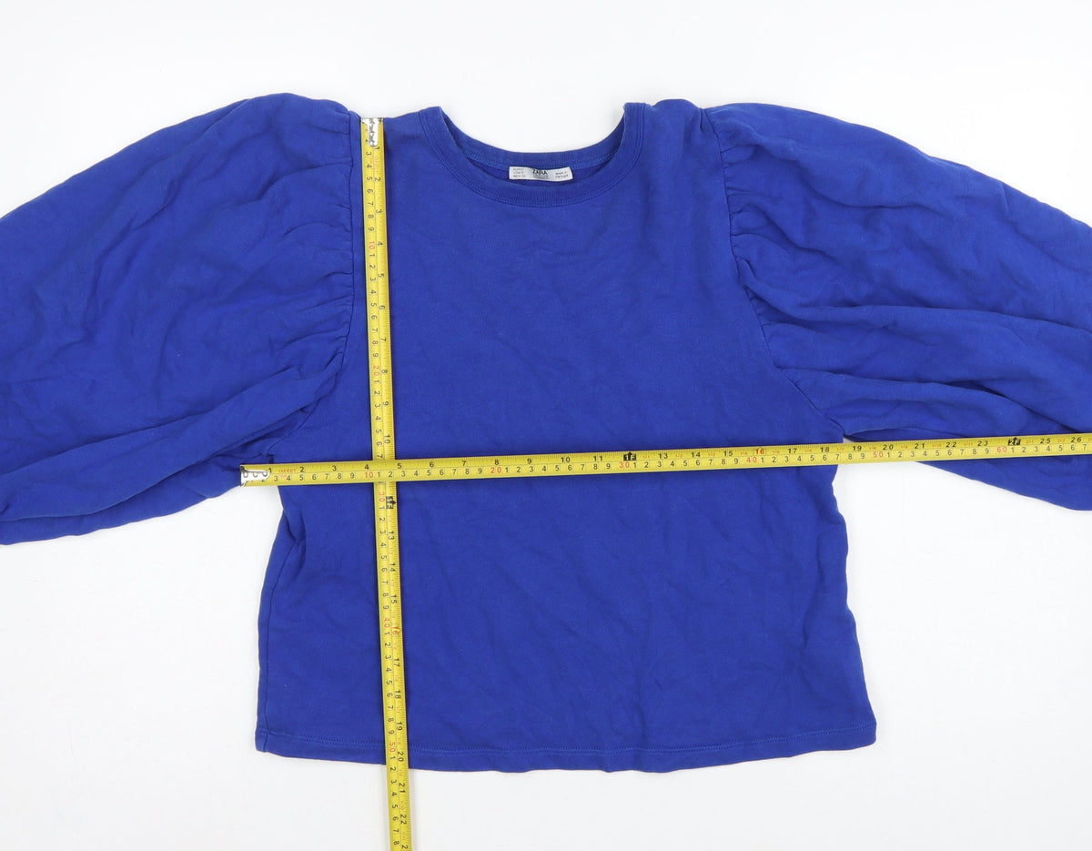 Zara Women Blue S Cotton Pullover Sweatshirt Balloon Sleeve Crew Neck