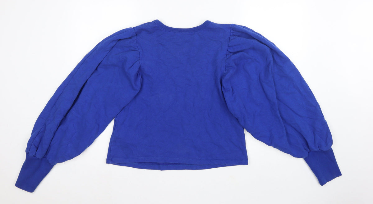 Zara Women Blue S Cotton Pullover Sweatshirt Balloon Sleeve Crew Neck