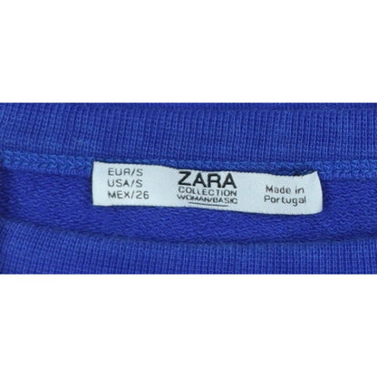 Zara Women Blue S Cotton Pullover Sweatshirt Balloon Sleeve Crew Neck