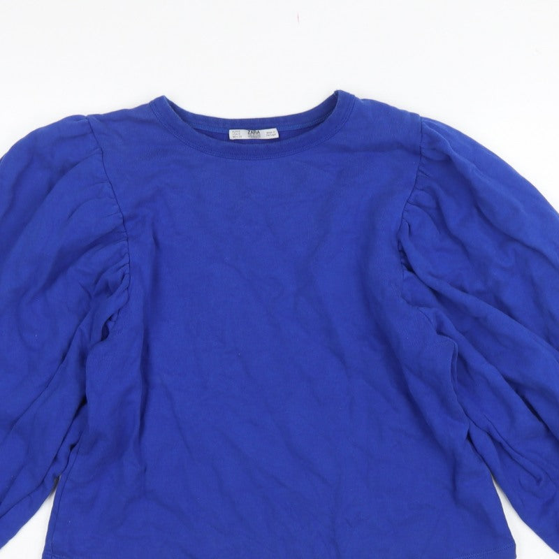 Zara Women Blue S Cotton Pullover Sweatshirt Balloon Sleeve Crew Neck