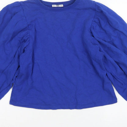 Zara Women Blue S Cotton Pullover Sweatshirt Balloon Sleeve Crew Neck