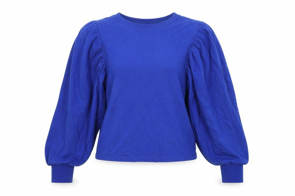 Zara Women Blue S Cotton Pullover Sweatshirt Balloon Sleeve Crew Neck