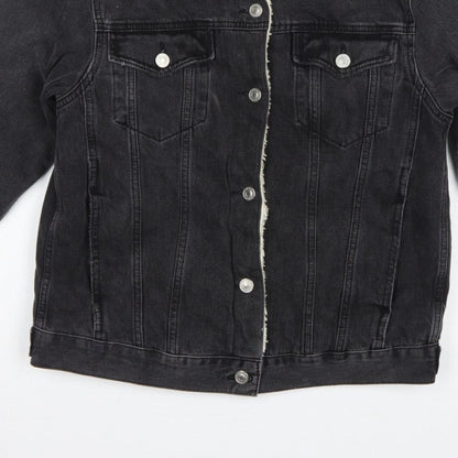 Topshop Women Black UK 8 Sherpa Lined Denim Jacket Button Casual