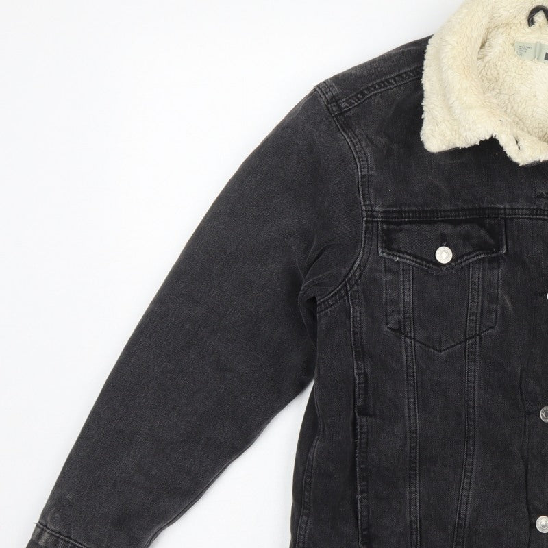 Topshop Women Black UK 8 Sherpa Lined Denim Jacket Button Casual