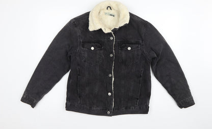 Topshop Women Black UK 8 Sherpa Lined Denim Jacket Button Casual