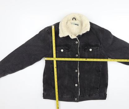 Topshop Women Black UK 8 Sherpa Lined Denim Jacket Button Casual