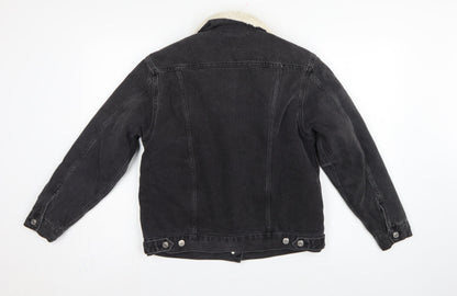 Topshop Women Black UK 8 Sherpa Lined Denim Jacket Button Casual