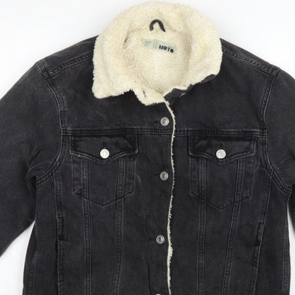Topshop Women Black UK 8 Sherpa Lined Denim Jacket Button Casual