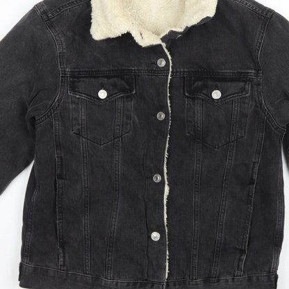 Topshop Women Black UK 8 Sherpa Lined Denim Jacket Button Casual
