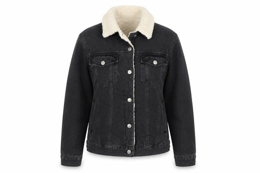 Topshop Women Black UK 8 Sherpa Lined Denim Jacket Button Casual