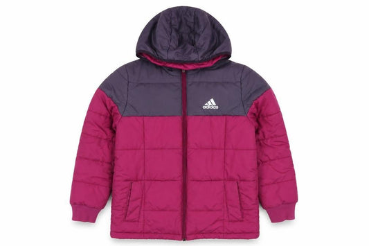 Front view of adidas girls’ pink grey 9-10 years hooded puffer jacket zip