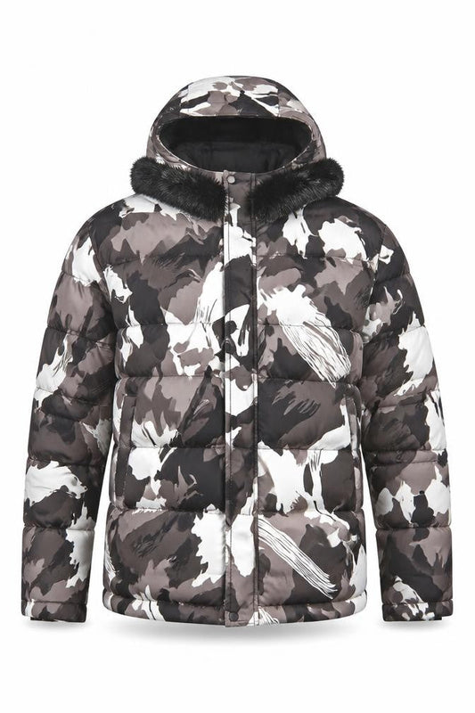 Front view of KWD Men's Multicoloured S Camo Puffer Jacket Hood Faux Fur Trim