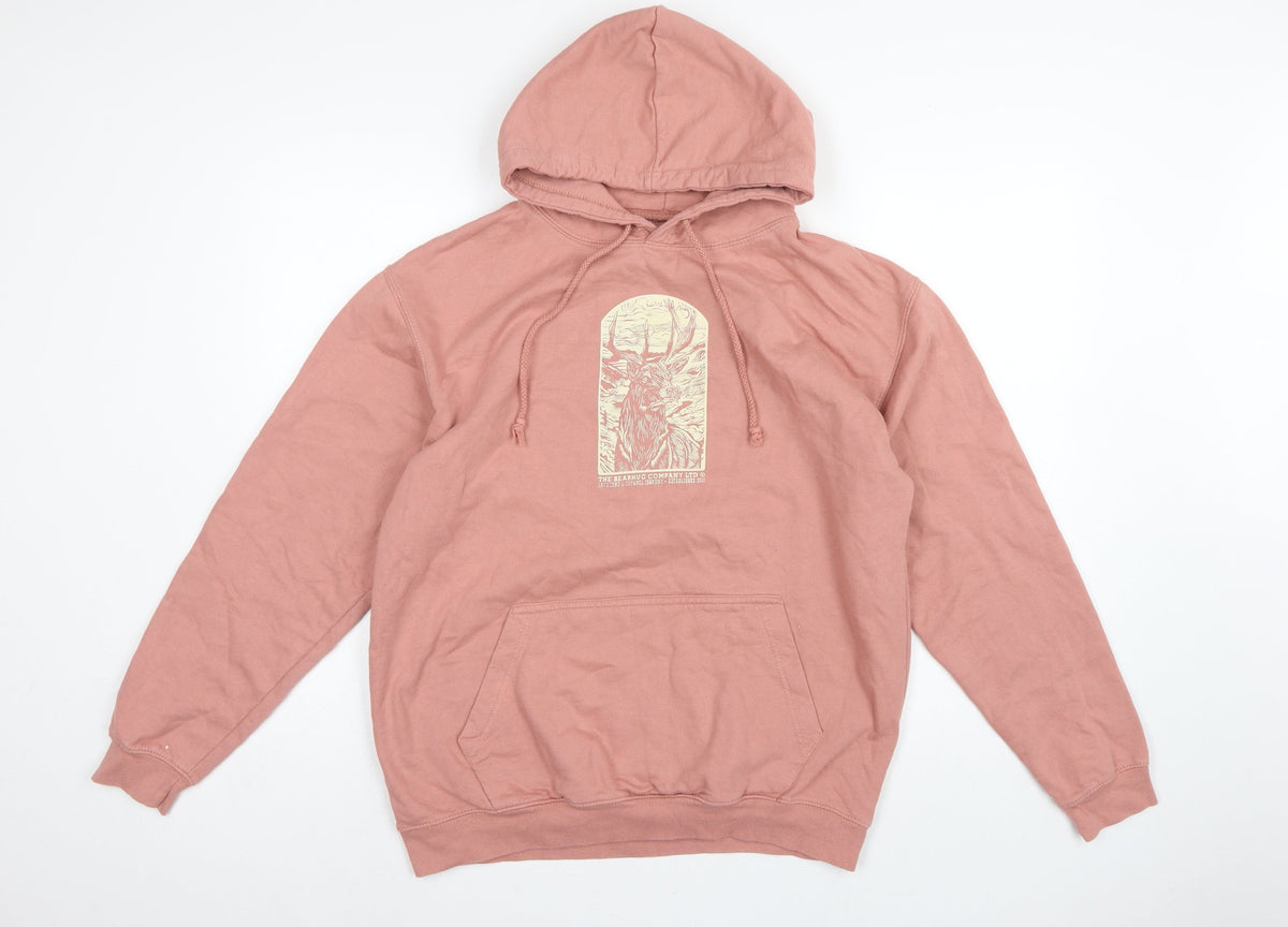Bearhug Men Pink L Pullover Hoodie Deer Graphic Print Pocket