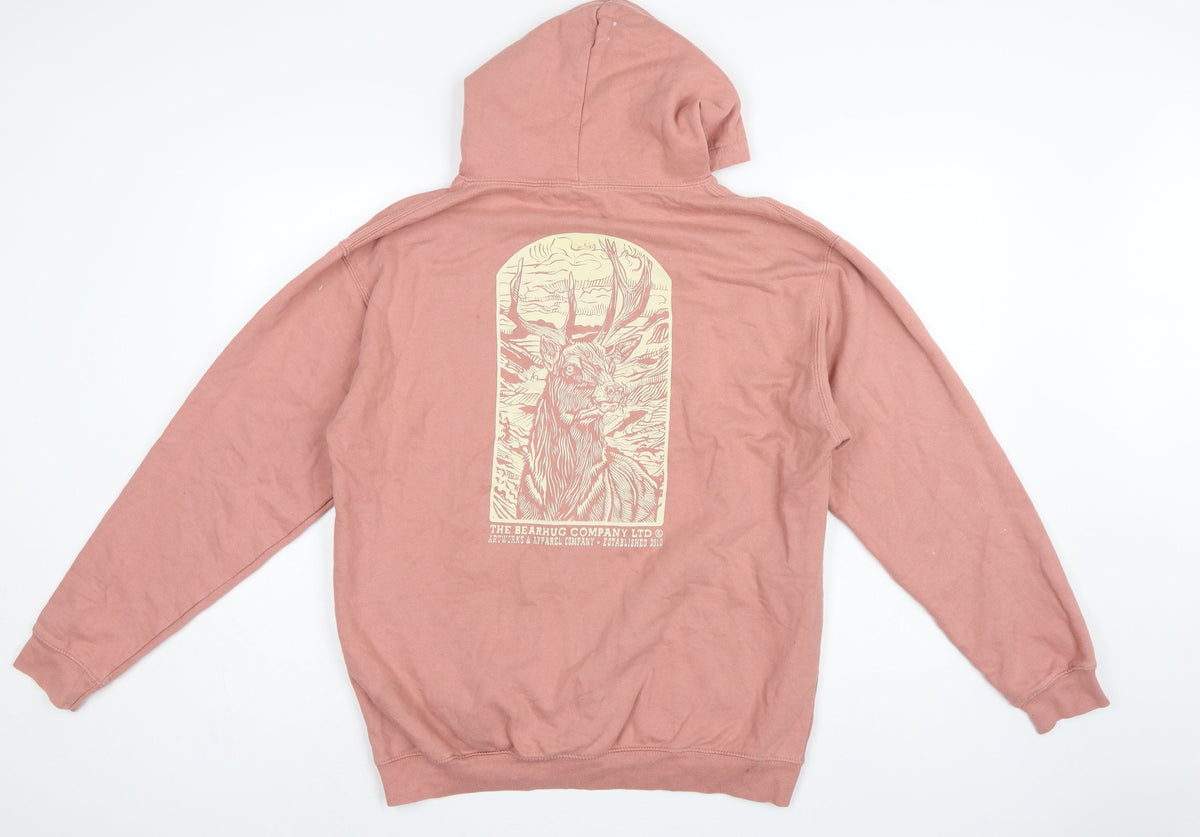 Bearhug Men Pink L Pullover Hoodie Deer Graphic Print Pocket