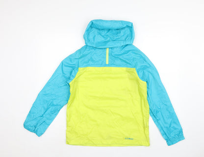 Back view of L.L.Bean Teens Blue Yellow L 14-16 Hooded Anorak Jacket