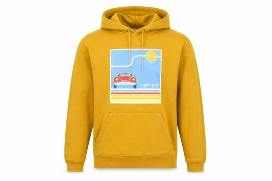 Front view of Stanley/Stella Men Yellow M Pullover Hoodie Retro Car Graphic