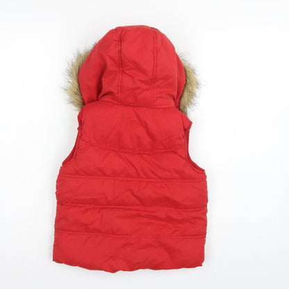 FatFace Girls Red Puffer Gilet 6-7 Years Hooded Faux Fur Trim