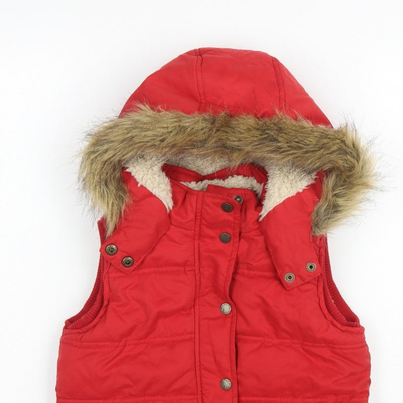FatFace Girls Red Puffer Gilet 6-7 Years Hooded Faux Fur Trim