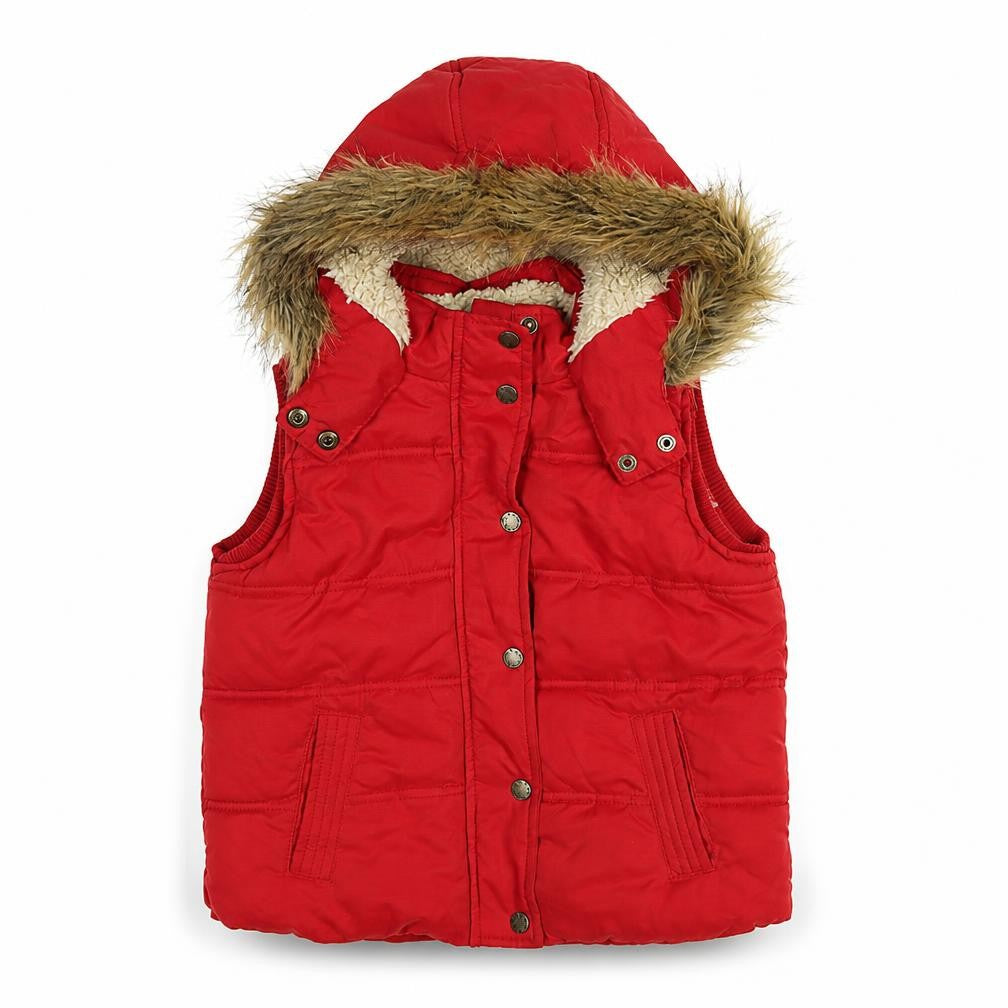 FatFace Girls Red Puffer Gilet 6-7 Years Hooded Faux Fur Trim