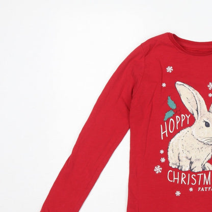 FatFace Girls Red 12-13 Years Christmas Bunny Graphic Long Sleeve T-Shirt