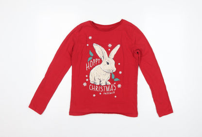 FatFace Girls Red 12-13 Years Christmas Bunny Graphic Long Sleeve T-Shirt
