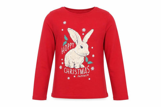 Front view of FatFace girls’ red 12-13 years christmas bunny graphic long sleeve t-shirt