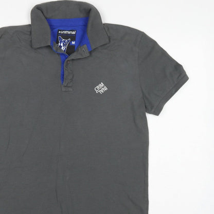Criminal Men’s Grey Blue Trim Cotton Polo Shirt M Short Sleeve Logo