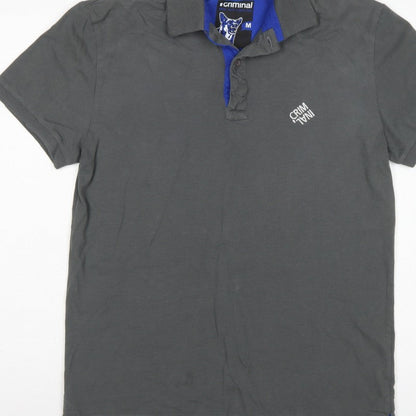 Criminal Men’s Grey Blue Trim Cotton Polo Shirt M Short Sleeve Logo