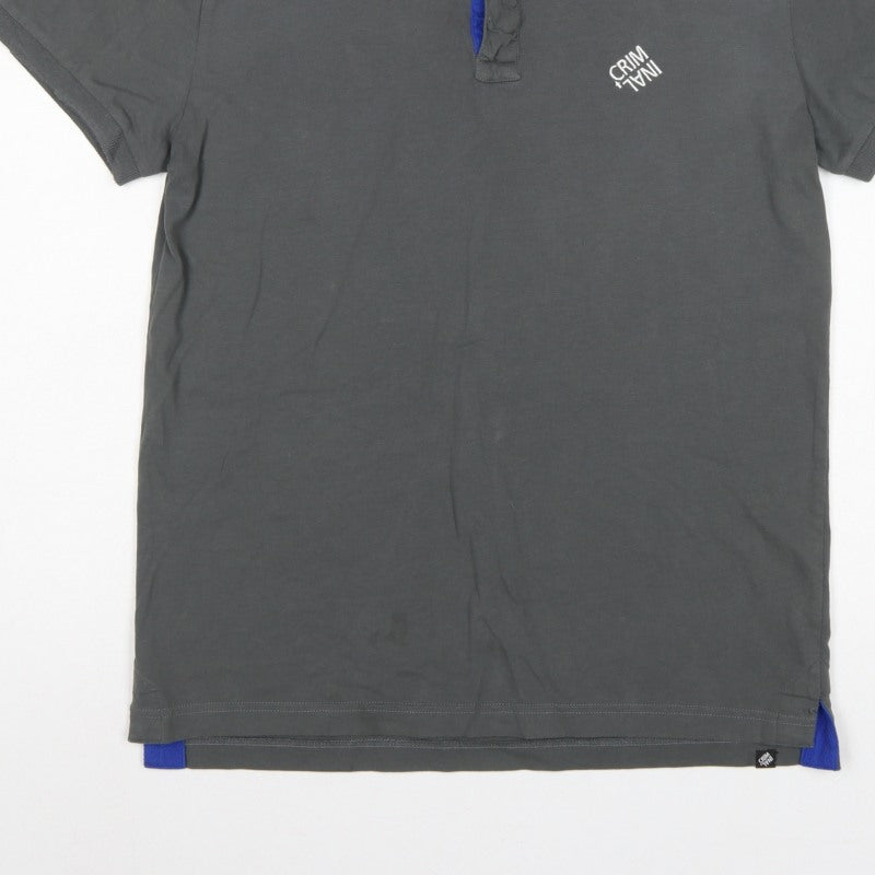 Criminal Men’s Grey Blue Trim Cotton Polo Shirt M Short Sleeve Logo