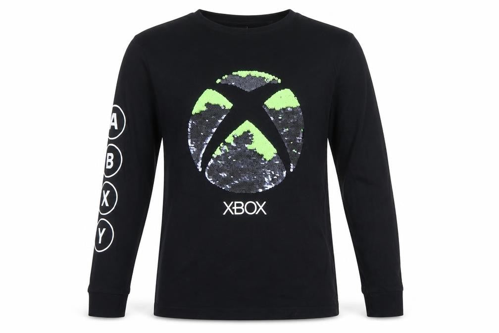 Front view of Xbox boys’ black 12 years long sleeve sequin logo T-shirt