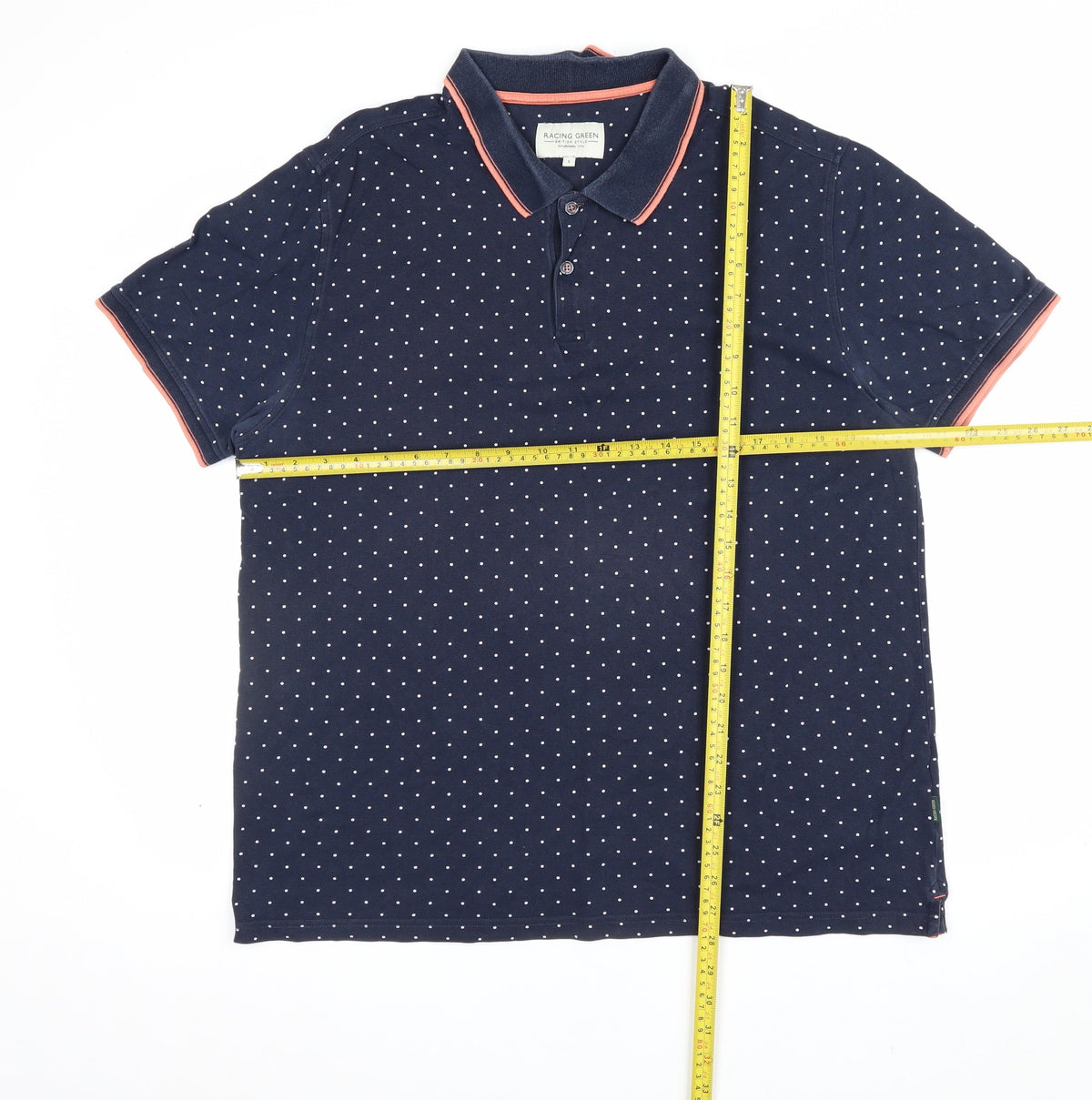 Racing Green Men's Blue L Polka Dot Cotton Short Sleeve Polo Shirt