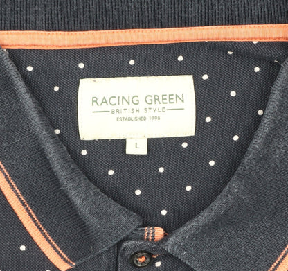 Racing Green Men's Blue L Polka Dot Cotton Short Sleeve Polo Shirt