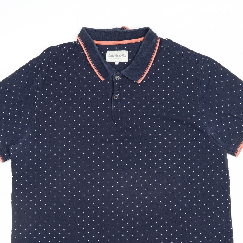 Racing Green Men's Blue L Polka Dot Cotton Short Sleeve Polo Shirt