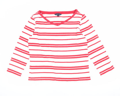 Lands' End Women Red White Stripe V-Neck Long Sleeve Jersey Top UK 12