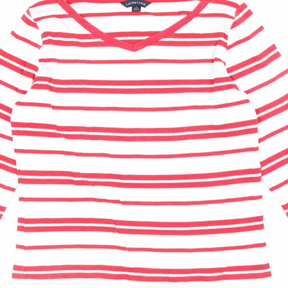 Lands' End Women Red White Stripe V-Neck Long Sleeve Jersey Top UK 12