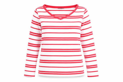 Lands' End Women Red White Stripe V-Neck Long Sleeve Jersey Top UK 12