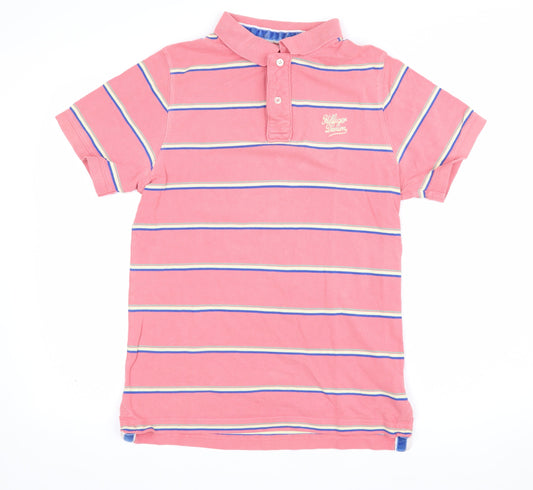 Hilfiger Denim Women’s Pink Striped Cotton Polo Shirt L Short Sleeve