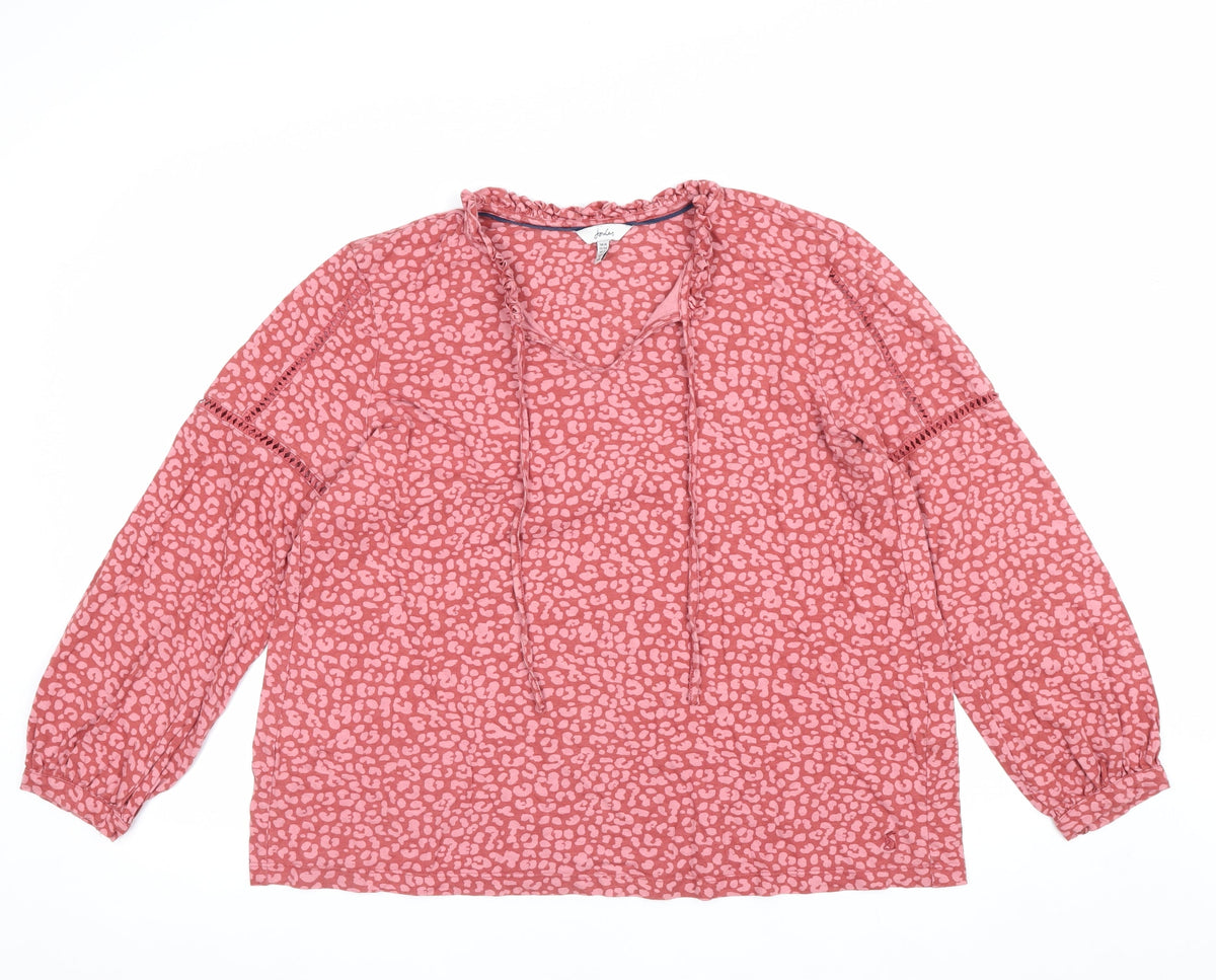 Joules Women’s Pink UK 16 V-Neck Ruffle Tie Animal Print Blouse