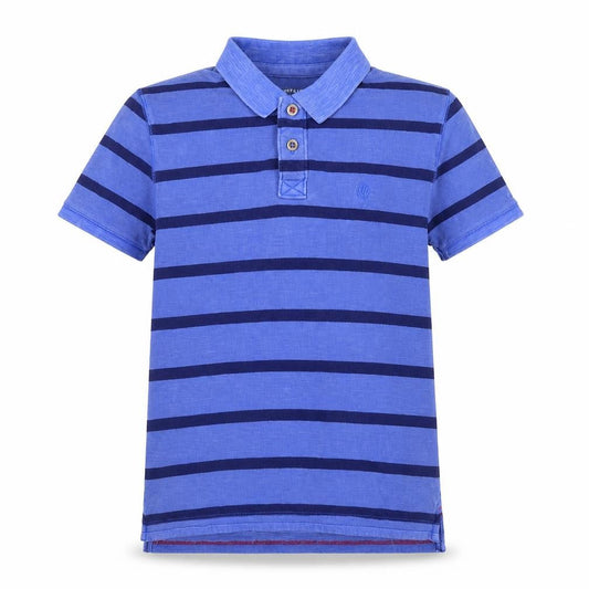 Front view of FatFace Teens Blue Navy Striped Cotton Short Sleeve Polo Shirt S