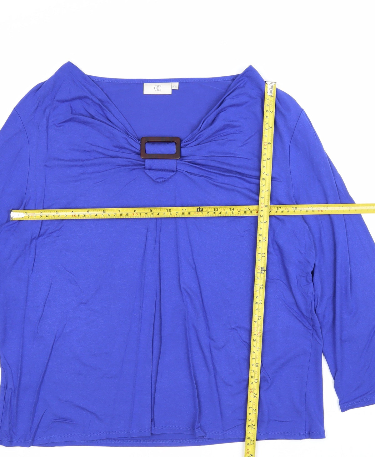 CC Women’s Blue 2XL Jersey V-Neck Buckle 3/4 Sleeve Blouse