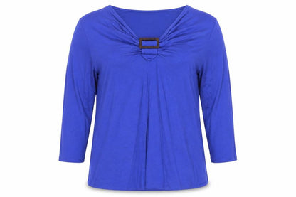 CC Women’s Blue 2XL Jersey V-Neck Buckle 3/4 Sleeve Blouse