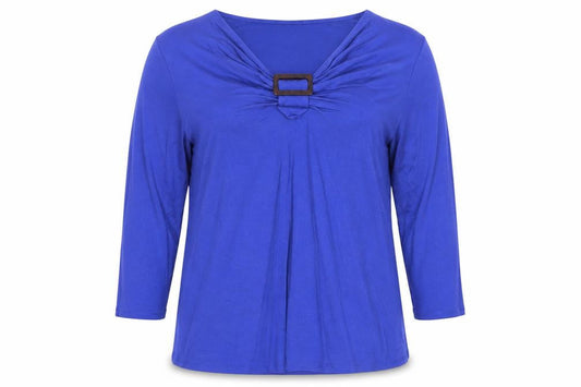 CC Women’s Blue 2XL Jersey V-Neck Buckle 3/4 Sleeve Blouse