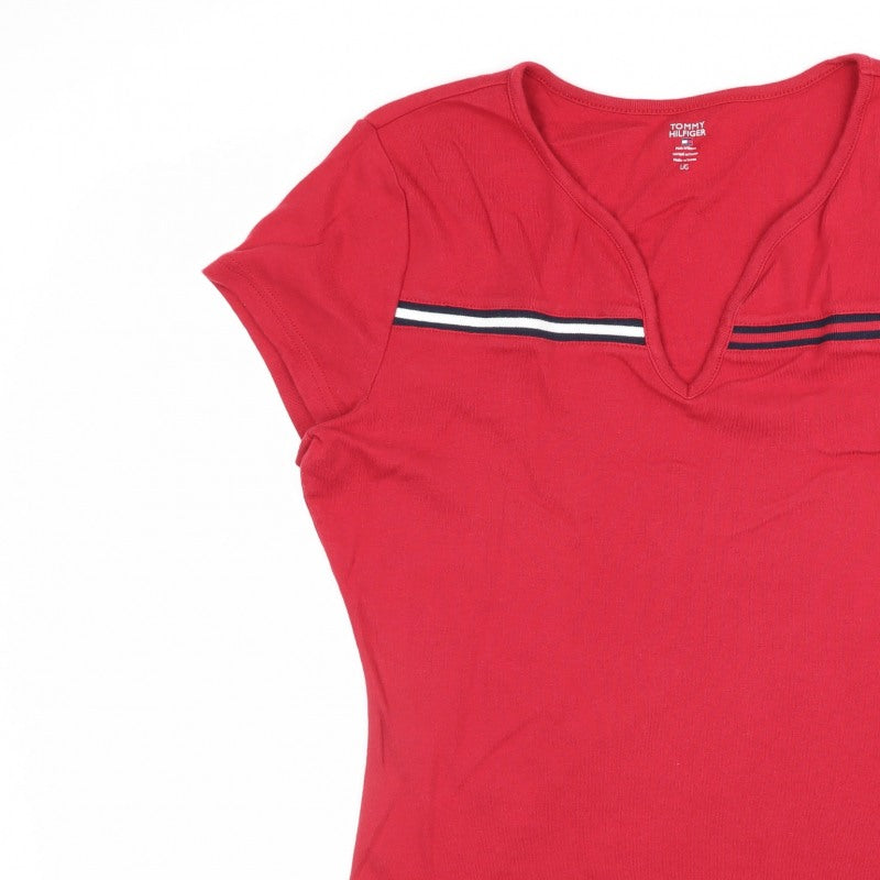 Tommy Hilfiger Women Red L V-Neck Striped Trim Slim T-Shirt