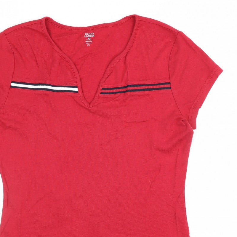 Tommy Hilfiger Women Red L V-Neck Striped Trim Slim T-Shirt