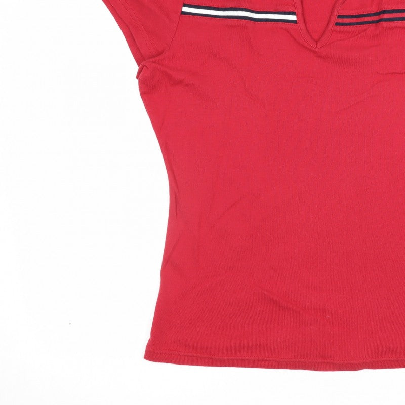 Tommy Hilfiger Women Red L V-Neck Striped Trim Slim T-Shirt
