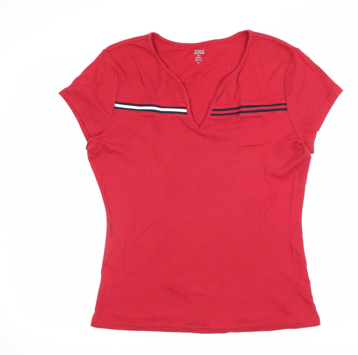 Tommy Hilfiger Women Red L V-Neck Striped Trim Slim T-Shirt
