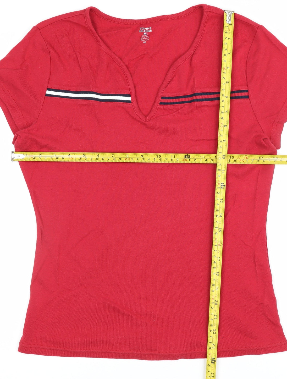 Tommy Hilfiger Women Red L V-Neck Striped Trim Slim T-Shirt