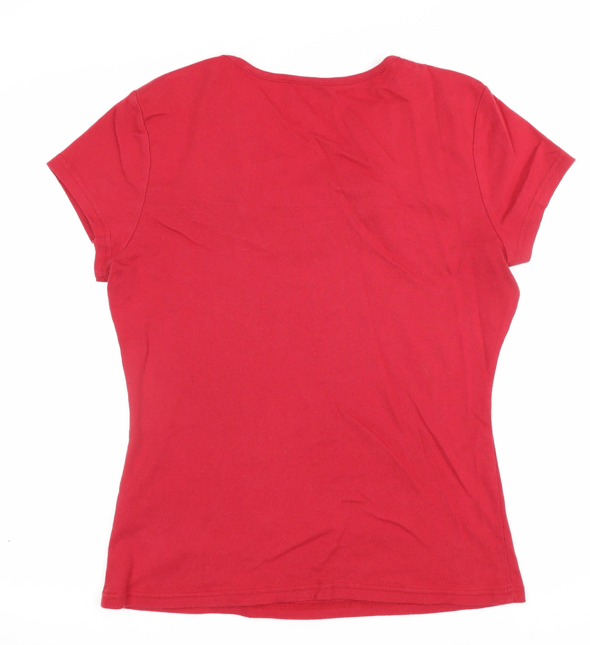 Tommy Hilfiger Women Red L V-Neck Striped Trim Slim T-Shirt