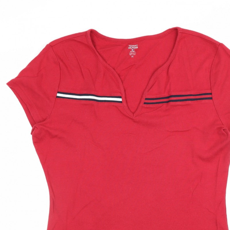 Tommy Hilfiger Women Red L V-Neck Striped Trim Slim T-Shirt